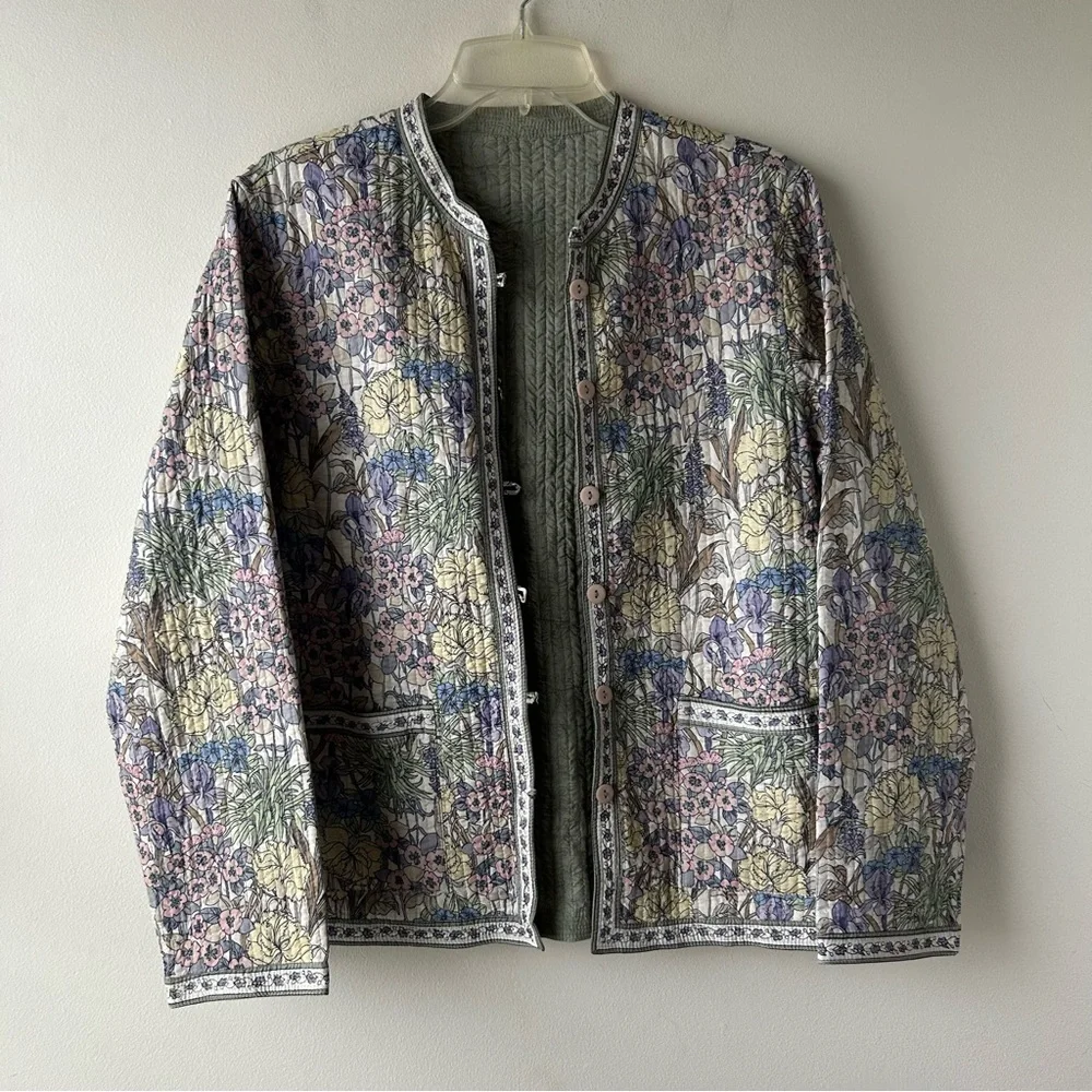 Cottagecore Floral Quilted Reversible Jacket Coat Large Green Pink Yellow Purple
